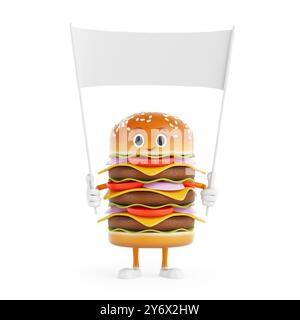 Cartoon Premium Delicious Burger icône personnage mascotte et vide bannière blanche vierge avec espace libre pour votre conception sur un fond blanc. 3d R Banque D'Images