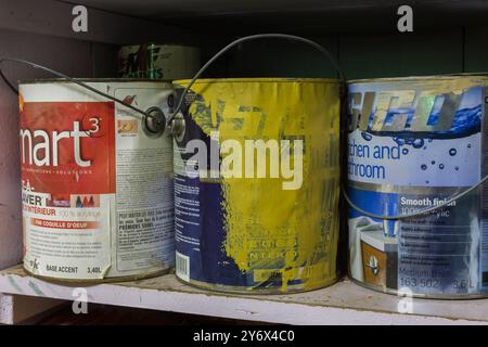 Vieilles boîtes d'huile et de peinture au latex sur une étagère en bois dans un atelier à domicile. Banque D'Images