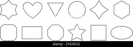 Collection de cadres en pointillés noirs. Ensemble de bordures géométriques de contour de tiret. Lot de formes géométriques pointillées. Esquisse couper l'ensemble de conception d'élément pour affiche, bannière, flyer, brochure, dépliant, livret. Vecteur Illustration de Vecteur