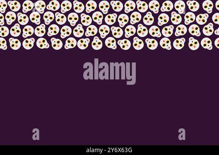 Crânes de sucre décoratifs bordure supérieure du cadre sur fond violet foncé. Jour du modèle de cartes mortes. Illustration vectorielle isolée salutation ou invitation, affiches, bannière, dépliants, étiquettes, etiquette ou bande Illustration de Vecteur