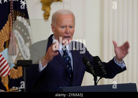 Washington, États-Unis. 26 septembre 2024. Le président des États-Unis Joe Biden fait des remarques sur la violence armée dans la salle est de la Maison Blanche à Washington, DC, États-Unis, le 26 septembre 2024. Photo de Chris Kleponis /CNP/ABACAPRESS. COM Credit : Abaca Press/Alamy Live News Banque D'Images
