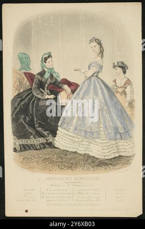 Anonyme (graveur) ; Sarazin / 'Paris fashion ad'. 1864. Gravure à pointillés, gravure, impression colorée à la main sur papier tissé. Musée : Museo del Prado, Madrid, España. Banque D'Images