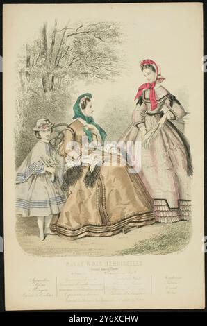 Anonyme (graveur) ; Sarazin / 'Paris fashion ad'. 1863. Gravure à pointillés, gravure, impression colorée à la main sur papier tissé. Musée : Museo del Prado, Madrid, España. Banque D'Images