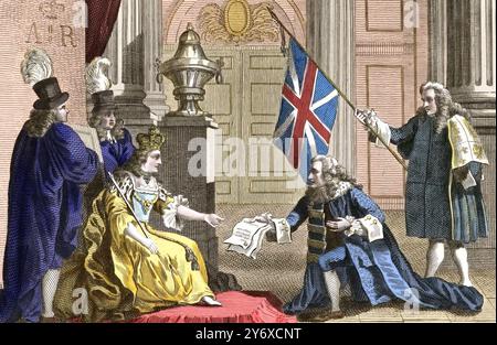 James Douglas le 2e duc de Queensberry et le 1er duc de Douvres présentant l'acte d'Union à la reine Anne 1707. Banque D'Images