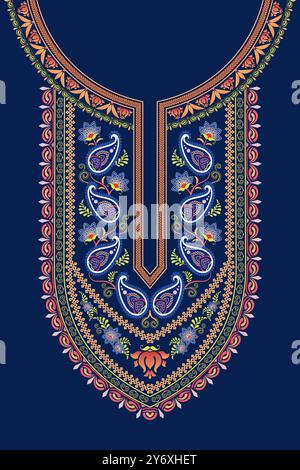 Motifs décoratifs de cou de robe de caftan brodée en cachemire floral et motifs délicats de vigne sur un fond marine. Illustration de Vecteur