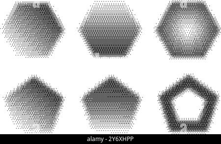 Effet de jeu d'arcade pixel bitmap. Demi-teinte hexagonale y2k. Icônes pentagone de dégradé esthétique de tramage vectoriel. illustration granuleuse de conception des années 2000 sur Illustration de Vecteur