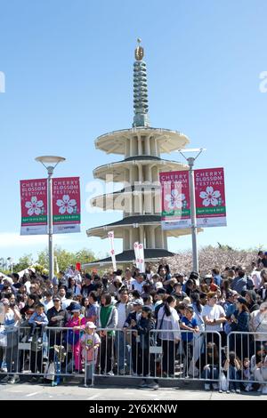 San Francisco, CA - 21 avril 2024 : les spectateurs bordent la rue de Peace Plaza en regardant la 57e parade annuelle des cerisiers en fleurs. Banque D'Images