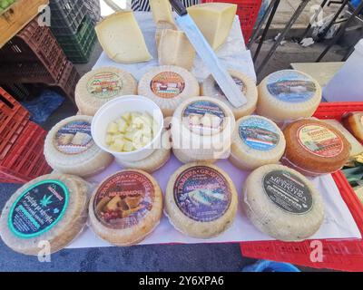 Chania, Grèce. 12 septembre 2024. Divers fromages se trouvent sur un étal d'un marché dans le quartier de Nea Chora. Crédit : Alexandra Schuler/dpa/Alamy Live News Banque D'Images