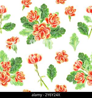 Modèle sans couture de fleurs de kalanchoe et de feuilles de bouquet de succulentes. L'illustration peinte à la main à l'aquarelle est dessinée en rouge, jaune, orange et vert Banque D'Images