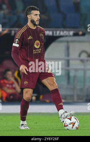 Mario Hermoso de L'AS Roma lors du premier tour de qualification de la Ligue Europa - match de 1ère manche entre Roma et Athletic Bilbao au stade olympique, Italie, le 26 septembre 2024. &#XA;Mattia Vian lors de l'AS Roma vs Athletic Bilbao, match de Football Europa League à Rome, Italie, septembre 26 2024 Banque D'Images