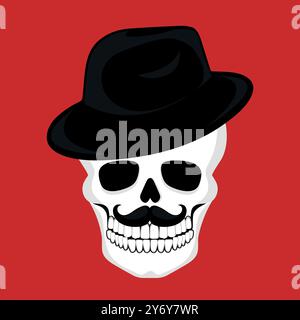 Crâne humain avec moustache dans un chapeau. Logo emblème Gangster Skull. Illustration vectorielle Illustration de Vecteur