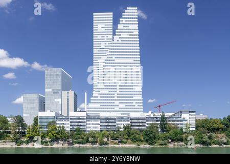 Vue sur les tours Roche, construites entre 2012 et 2022, abritant les bureaux du groupe pharmaceutique Roche sur les rives du Rhin. Banque D'Images