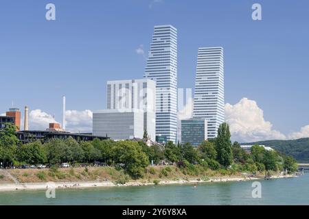 Vue sur les tours Roche, construites entre 2012 et 2022, abritant les bureaux du groupe pharmaceutique Roche sur les rives du Rhin. Banque D'Images