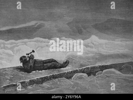 États-Unis d'Amérique, New Hampshire. Observatoire du Mont Washington. Un observateur mesure la vitesse du vent sur le plateau de montagne, au moyen du dispositif Robinson. Gravure de Bernardo Rico (1825-1894). La Ilustración Española y Americana (illustration espagnole et américaine), 30 janvier 1884. Banque D'Images