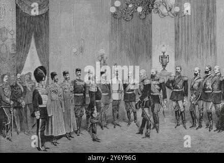 Histoire de l'Allemagne. Berlin. Palais impérial. La délégation militaire russe félicite l'empereur Guillaume Ier d'Allemagne (1797-1888) à l'occasion du 70e anniversaire de la bataille de Bar-sur-aube (27 février 1814), avec la victoire de la coalition russo-bavaroise contre Napoléon Ier lors des campagnes de 1814. La cérémonie a eu lieu le 27 février 1884. L'empereur allemand était accompagné de tous les princes de la famille impériale et du maréchal prussien Helmuth von Moltke (1800-1891). La délégation russe était dirigée par le grand-duc Michel Alexandrovitch de Russie (1878-1918), le plus jeune frère de th Banque D'Images