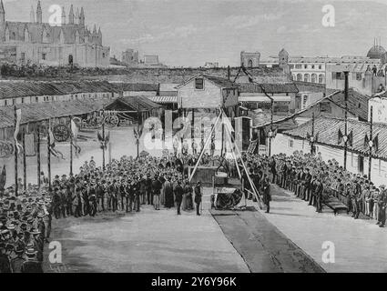 La Havane, Cuba. Pose de la première pierre de la nouvelle Université scientifique et littéraire le 23 janvier 1884. La cérémonie était présidée par le gouverneur général de l'île, le général Ignacio María del Castillo (1817-1893). Le presbytère docteur Teófilo Martínez de Escobar (1833-1912), professeur de métaphysique à l'Université, bénit la première pierre. Gravure de Tomás Carlos Capuz (1834-1899). La Ilustración Española y Americana (illustration espagnole et américaine), 22 février 1884. Banque D'Images