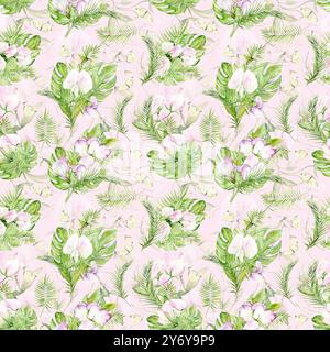 Motif sans couture sur un fond rose. Pois soulful et feuilles tropicales de monstera et de palmier. Le dessin est dessiné à la main à l'aquarelle. Convient pour les cartes de vœux, les textiles et le scrapbooking Banque D'Images