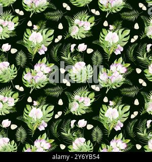 Modèle sans couture sur fond vert foncé. Pois soulful et feuilles tropicales de monstera et de palmier. Le dessin est dessiné à la main à l'aquarelle. Convient pour les cartes de vœux, les textiles et le scrapbooking Banque D'Images