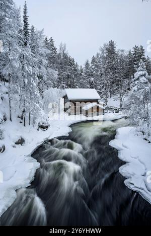 Ancien moulin de Myllykoski, couvert de neige en hiver, à côté des rapides de la rivière Kitkajoki dans le parc national d'Oulanka (Juuma Kuusamo Laponie Finlande) Banque D'Images