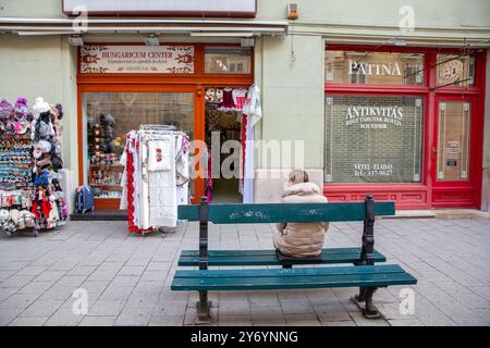 Femme Sat devant Une boutique de souvenirs hongroise sur la rue Vaci, Budapest Hongrie, Antikvitas souvenir Store Shop Front, temps d'automne Banque D'Images