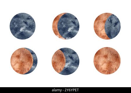 Ensemble aquarelle phases de lune isolé sur blanc. Idéal pour le décor de soins menstruels respectueux de l'environnement, les calendriers de jardinage, les applications de fonte météo, les recettes de lait de lune Banque D'Images