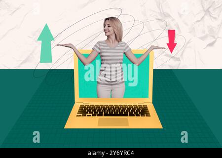 Collage créatif jeune femme joyeuse appareil numérique portable flèches différentes directions vers le haut vers le bas amélioration récession droite gauche Banque D'Images