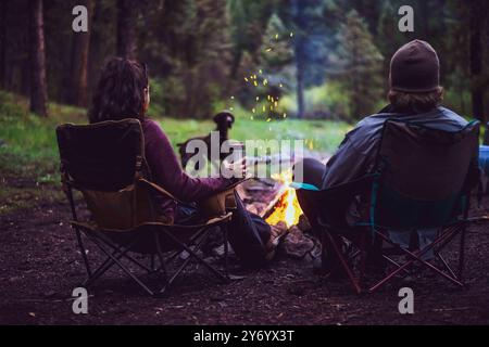 Jeune couple regardant un feu de camp avec un chien en arrière-plan Banque D'Images