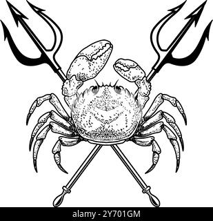 Crabe et deux tridents croisés. Élément de design pour emblème, signe, badge, affiche. Illustration vectorielle Illustration de Vecteur