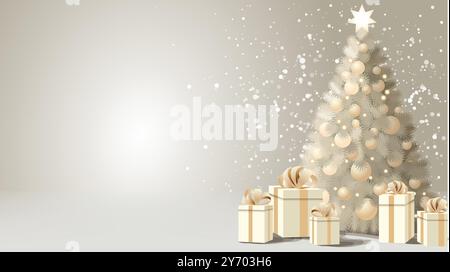 Sapin de Noël décoré blanc avec des boîtes cadeaux autour Illustration de Vecteur