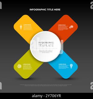 Modèle d'infographie croisée polyvalent avec grand centre et quatre éléments sur des rayures croisées de couleur tous sur fond gris foncé avec ombre claire Illustration de Vecteur