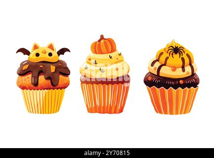 Ensemble de cupcakes d'Halloween à l'aquarelle. muffins décorés effrayants. Nourriture d'Halloween pour les conceptions de vacances Illustration de Vecteur