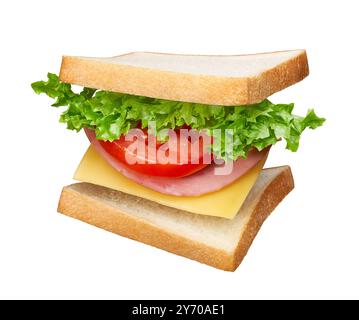 Délicieux sandwich avec des couches d'ingrédients isolés sur fond blanc Banque D'Images