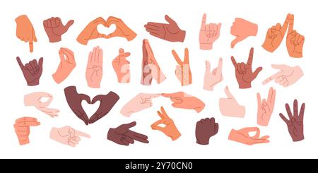 Mains humaines avec différents gestes et positions. Illustration de Vecteur