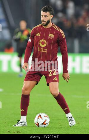 Rome, Italie. 26 septembre 2024. Mario Hermoso de L'AS Roma vu en action lors du premier tour de qualification de l'Europa League - match de 1ère manche entre Roma et Athletic Bilbao au stade olympique. Score final ; Roma 1:1 Athletic Bilbao. Crédit : SOPA images Limited/Alamy Live News Banque D'Images