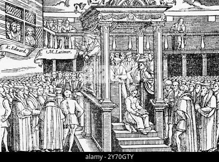 Hugh Latimer prêchant devant Édouard VI, 1570. Hugh Latimer (c1487-1555), était l'évêque de Worcester avant la réforme et plus tard aumônier de l'Église d'Angleterre du roi Édouard VI (1537-1553). Extrait du livre des martyrs ou des actes et monuments de John Foxe, 1570. Banque D'Images