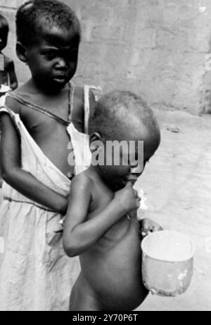 Plongeant affamé dans sa tasse de nourriture , ce petit enfant biafran est l'un des enfants les plus chanceux du Nigeria et de son Etat sécessionniste du Biafra . Il a été photographié récemment dans un camp de la région d'AWO-Ommama de l'État sécessionniste. Les enfants du camp reçoivent une aide alimentaire et médicale de la part de membres de la Croix-Rouge internationale . Beaucoup d'enfants de Biafra souffrent de la maladie de carence en protéines connue sous le nom de kwashorkor qui se montre finalement dans un estomac gonflé , des membres rétrécis et des plaies corporelles . La maladie aurait coûté la vie à des milliers de chi nigérians et biafrans Banque D'Images