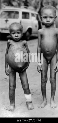 Ces enfants affamés de l'Etat sécessionniste du Biafra au Nigeria ont été photographiés vers la fin du mois dernier dans la région d'Umuahia . Deux des enfants souffrent de Kwashiorkor , une desiase de carence en protéines qui se montre dans l'estomac gonflé , les membres rétrécis , les plaies de jambe et les cheveux blancs . La maladie coûte la vie à des milliers d'enfants chaque semaine. 2 août 1968 Banque D'Images