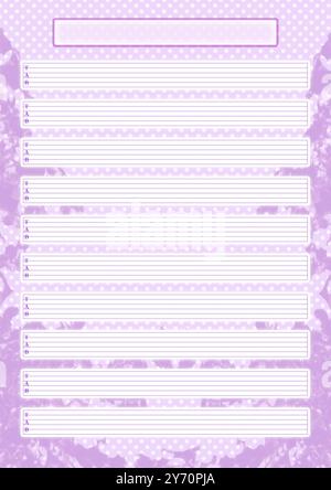 Modèle de feuille de tablature guitare vierge (6 cordes) pour écrire de la musique. Format portrait A4. Rose girly vif, avec des décorations de conception de feuilles violettes violettes Banque D'Images
