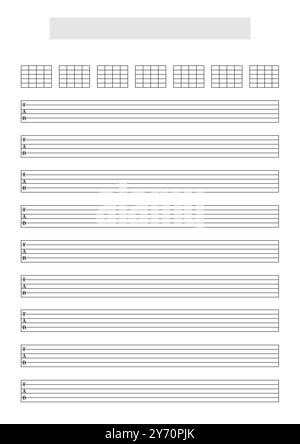 Modèle de feuille de tablature guitare vierge (6 cordes) avec blocs d'accords pour écrire de la musique. Format A4 en mode portrait avec titre de morceau et nom d'artiste Banque D'Images