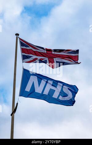 Union Jack avec drapeau NHS isolé contre le ciel Banque D'Images