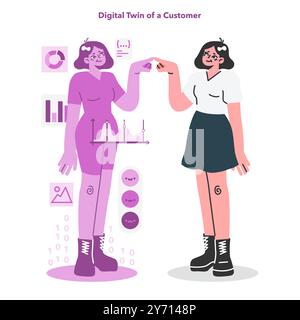 Marketing numérique. Jumeau numérique. Avatar de femme connecté avec le personnage numérique dans le cyberespace ou métaverse. Données clients, statistiques et expérience. Illustration vectorielle plate Illustration de Vecteur