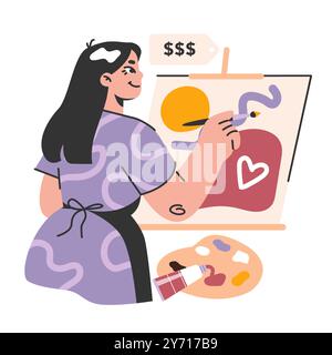 Artiste féminine peignant un morceau de compris Illustrateur faisant son passe-temps. Concepteur indépendant créant une image pour la vente. Processus créatif près de la toile. Illustration vectorielle plate Illustration de Vecteur