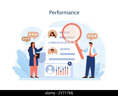 Compétence du gestionnaire des ressources humaines. Spécialiste en gestion du personnel. Le responsable RH évalue les performances et la productivité des employés. Illustration vectorielle plate Illustration de Vecteur