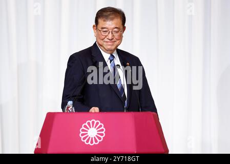 Tokyo, Japon. 27 juin 2024. 27 septembre 2024 (Xinhua) -- Shigeru Ishiba, le chef nouvellement élu du Parti libéral-démocrate (PLD) au pouvoir au Japon, assiste à une conférence de presse à Tokyo, Japon, le 27 septembre 2024. Shigeru Ishiba a remporté vendredi l'élection présidentielle du PLD au pouvoir au Japon, assurant pratiquement qu'il deviendra le prochain premier ministre du pays. (Kim Kyung-Hoon/REUTERS/Pool via Xinhua) Banque D'Images