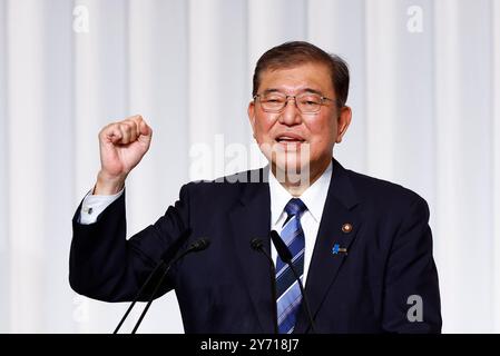 Tokyo, Japon. 27 juin 2024. 27 septembre 2024 (Xinhua) -- Shigeru Ishiba, le chef nouvellement élu du Parti libéral-démocrate (PLD) au pouvoir au Japon, réagit lors d'une conférence de presse à Tokyo, Japon, le 27 septembre 2024. Shigeru Ishiba a remporté vendredi l'élection présidentielle du PLD au pouvoir au Japon, assurant pratiquement qu'il deviendra le prochain premier ministre du pays. (Kim Kyung-Hoon/REUTERS/Pool via Xinhua) Banque D'Images