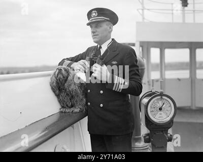 '' VIEUX CHIENS DE MER '' Voici un chien qui a voyagé plus d'un demi-million de miles sur les paquebots c'est '' CHOTAPEG '' 6 ans et demi - vieux Golden Cocker Spaniel . Et le navire de l'US Lines Flagship ''America''. Le capitaine Anderson a Chotapeg depuis l'âge de cinq semaines , et l'a immédiatement initié à la vie en mer . Depuis que Chotapeg est monté à bord du s.s. '' John Erricson '' pour la première fois , il a servi avec son maître à la commande du '' Erricson '' , '' Washington '' et '' America ', était en service de guerre constant dans la Méditerranée et au large de l'Afrique du Sud et s'était installé maintenant o Banque D'Images