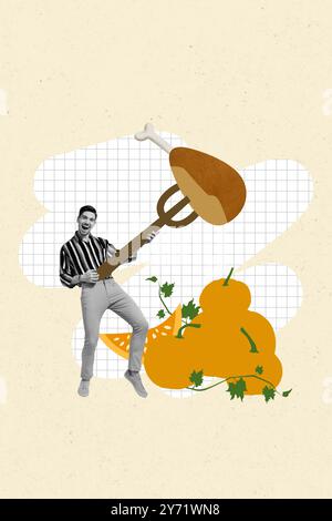 Image composite de collage de drôle d'homme tenir fourchette de viande de jambe de dinde Thanksgiving jour de célébration de vacances concept de panneau d'affichage comics zine minimal Banque D'Images