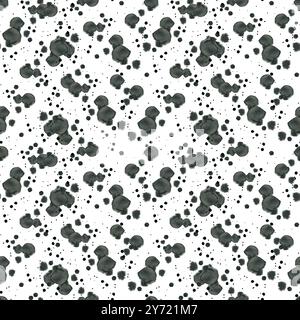 Taches d'encre, taches d'aquarelle de couleur noire. Motif aquarelle sans couture. Tous les objets sont dessinés à la main avec une aquarelle sur un fond blanc. Banque D'Images