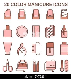 Ensemble d'icônes de manucure et de pédicure. Équipement et outils professionnels pour le soin et la conception des ongles. Ciseaux, lime, pince à épiler, vernis, crème pour les mains, dissolvant de polissage, brosse etc Illustration vectorielle plate Illustration de Vecteur