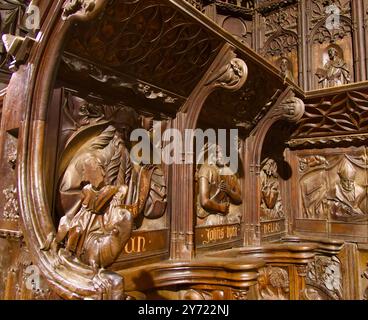 Détail gros plan des stands médiévaux de chœur en bois sculpté dans la cathédrale Santa Maria Leon Castille et Léon Espagne Banque D'Images